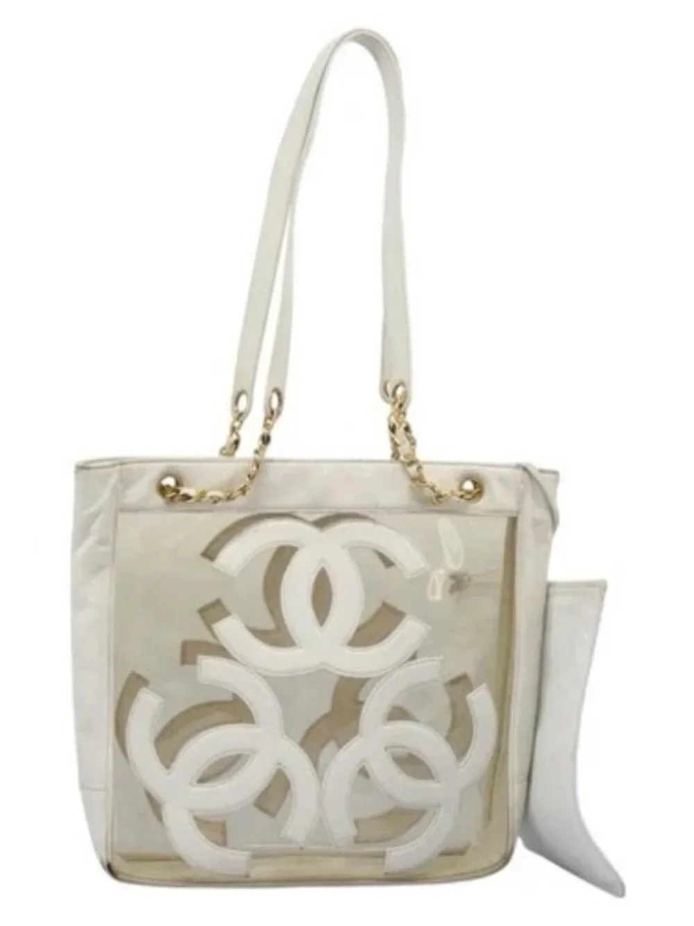 CHANEL Triple Coco Chain Tote Bag Vinyl Leather White Gold CC Auth bs23423